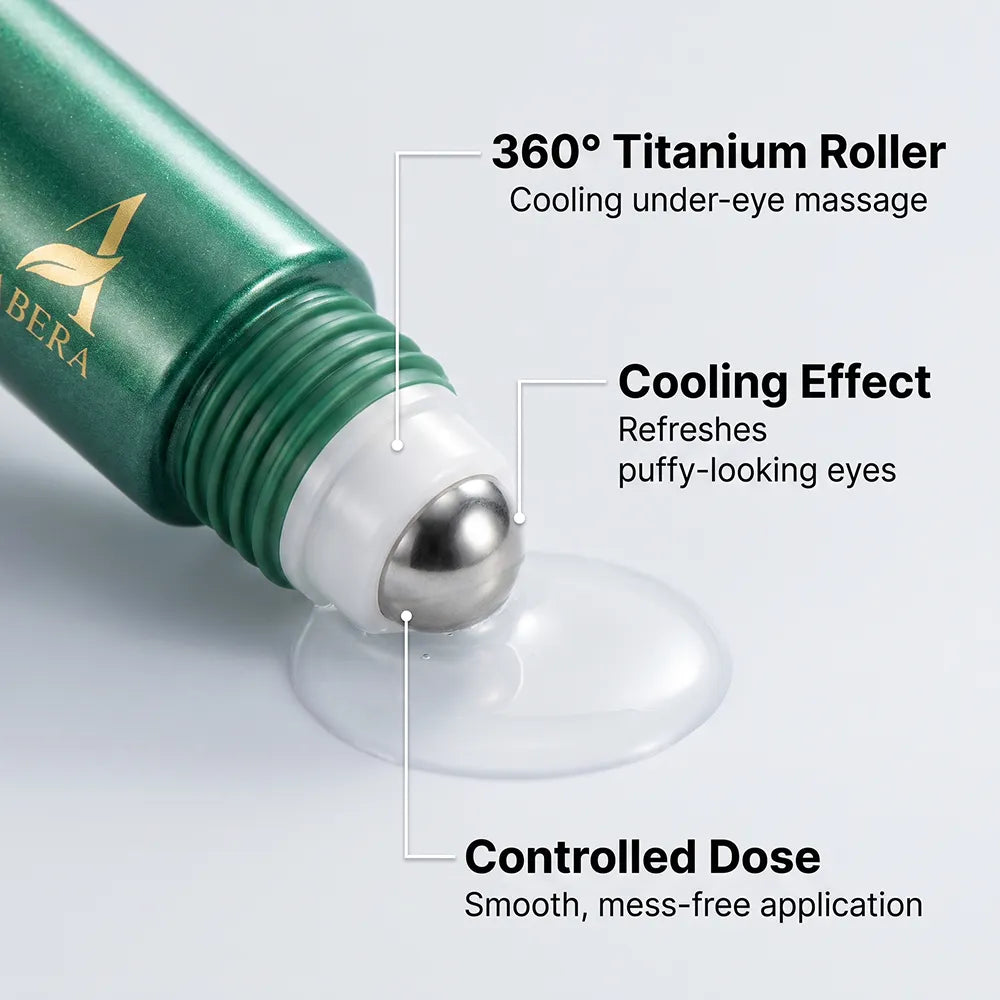ABERA eye serum with a 360-degree titanium roller for cooling massage and smooth, mess-free application.