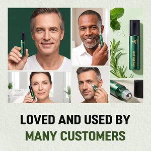 Adults holding and applying ABERA eye roller serum as part of their daily under-eye skincare routine.