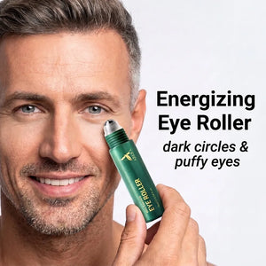 Man applying ABERA eye roller serum for dark circles, puffy eyes, and tired-looking under eyes.