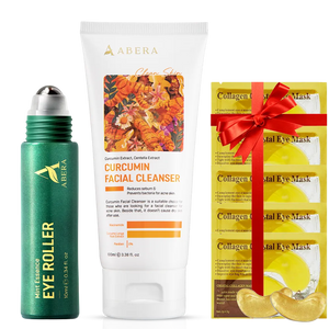 ABERA eye roller serum and turmeric facial cleanser bundle with five collagen eye masks included as a gift.