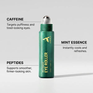 ABERA eye roller serum formulated with caffeine, mint essence, and peptides for puffiness and tired-looking eyes.