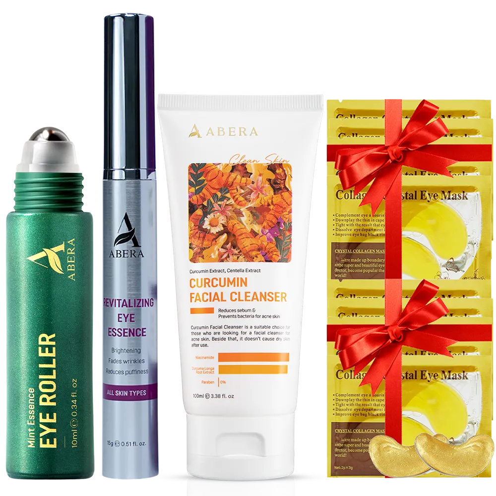 Complete ABERA skincare bundle with eye roller serum, revitalizing eye essence, turmeric face wash, and collagen eye masks.