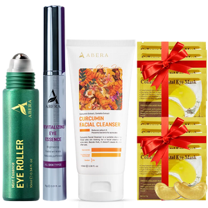 Complete ABERA skincare bundle with eye roller serum, revitalizing eye essence, turmeric face wash, and collagen eye masks.