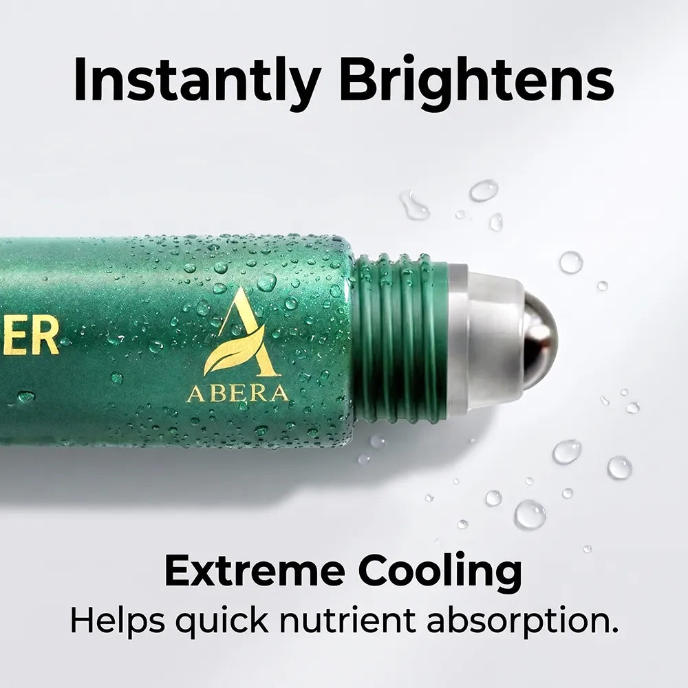 Close-up of ABERA cooling eye roller serum designed to instantly refresh and brighten tired-looking eyes.