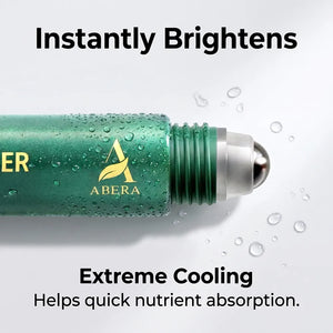 Close-up of ABERA cooling eye roller serum designed to instantly refresh and brighten tired-looking eyes.