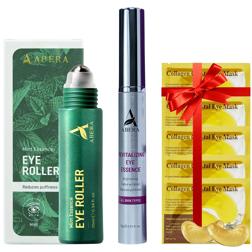 Complete ABERA skincare bundle with eye roller serum, revitalizing eye essence, turmeric face wash, and collagen eye masks.