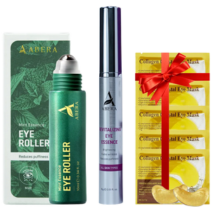 Complete ABERA skincare bundle with eye roller serum, revitalizing eye essence, turmeric face wash, and collagen eye masks.