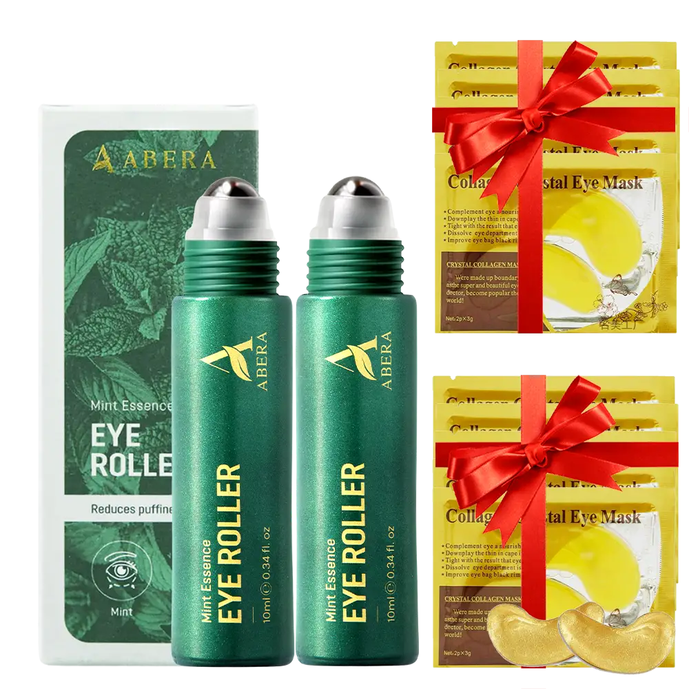 Two ABERA cooling eye roller serums with ten collagen eye masks for puffiness, dark circles, and tired-looking eyes.