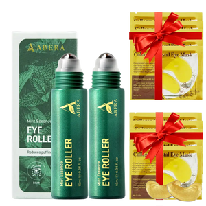 Two ABERA cooling eye roller serums with ten collagen eye masks for puffiness, dark circles, and tired-looking eyes.