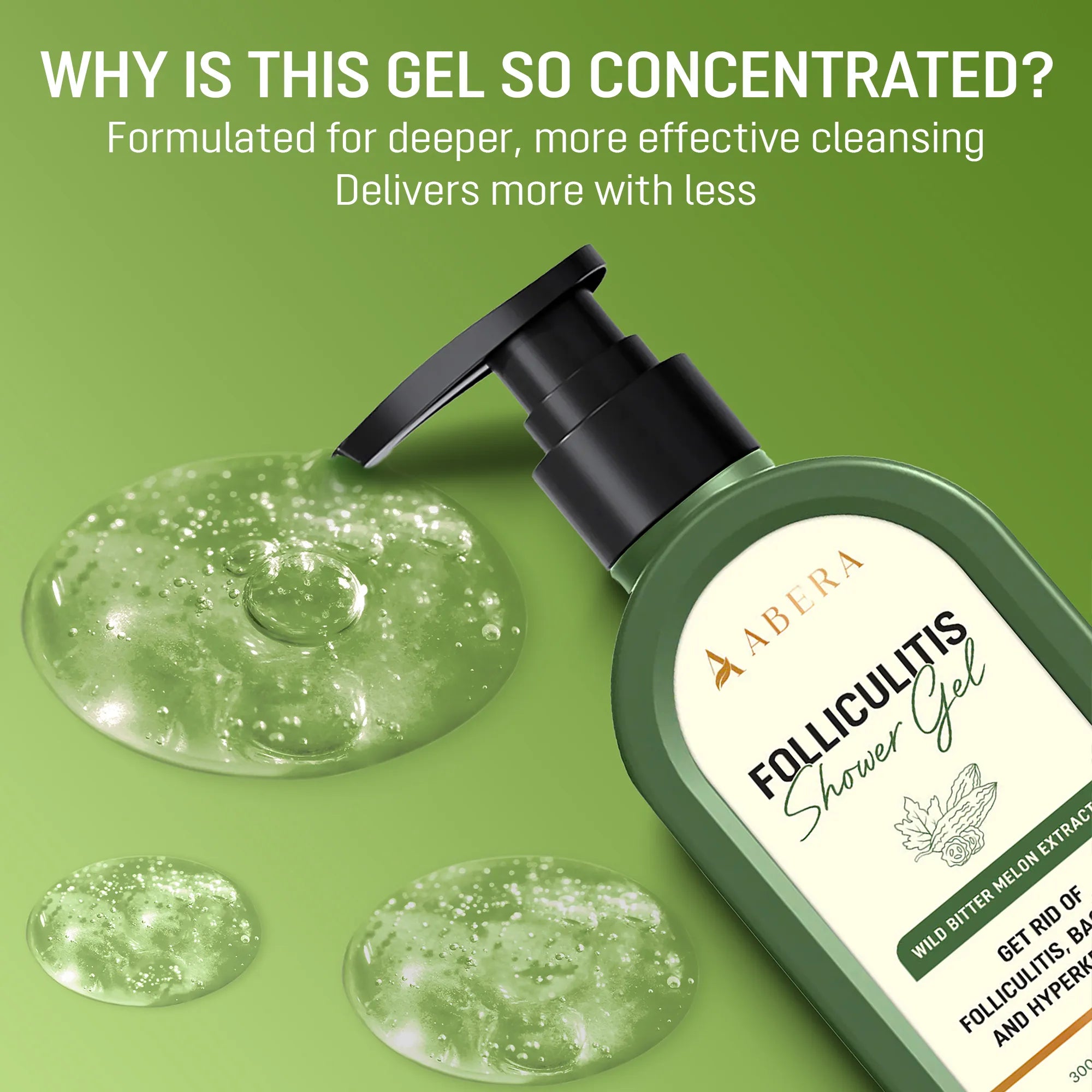ABERA Folliculitis Shower Gel bottle with concentrated gel texture formulated for deeper and more effective body cleansing.