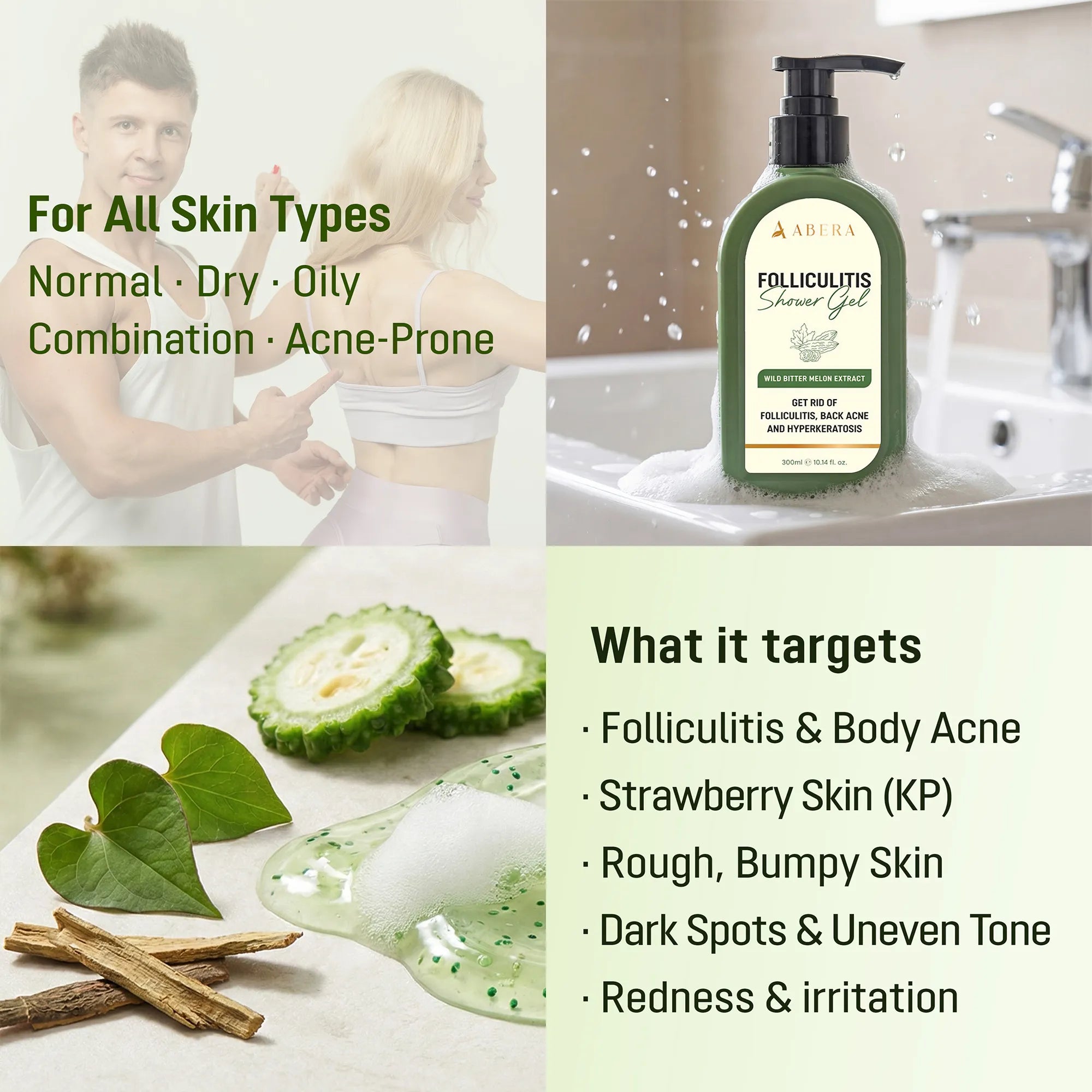 ABERA Folliculitis Shower Gel for normal, dry, oily, combination and acne-prone skin, targeting body acne, KP and rough bumps.
