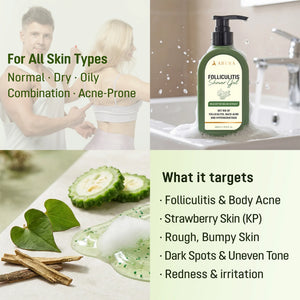 ABERA Folliculitis Shower Gel for normal, dry, oily, combination and acne-prone skin, targeting body acne, KP and rough bumps.