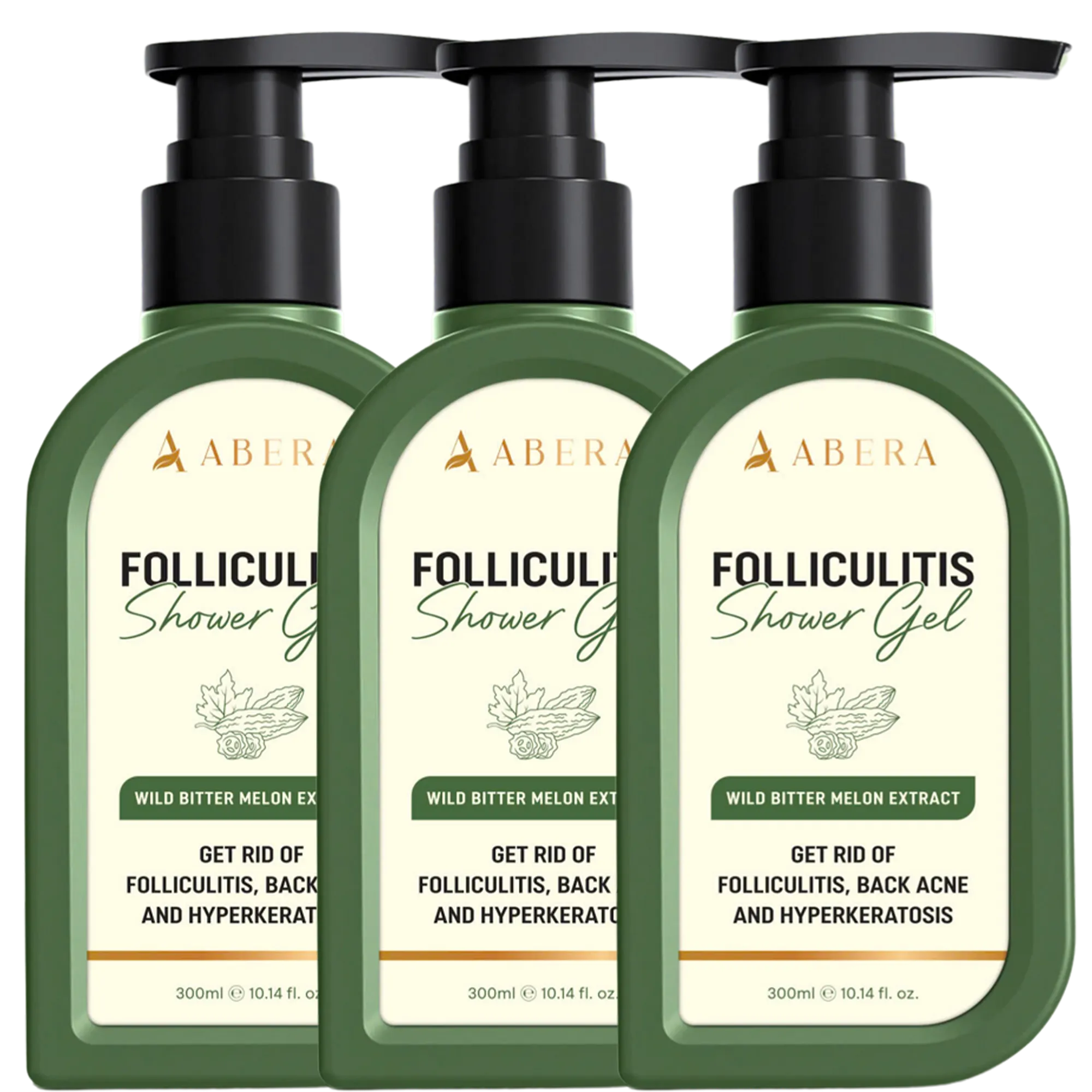 Three-pack value bundle of ABERA Folliculitis Shower Gel for regular folliculitis, back acne and rough body skin care.