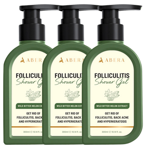Three-pack value bundle of ABERA Folliculitis Shower Gel for regular folliculitis, back acne and rough body skin care.