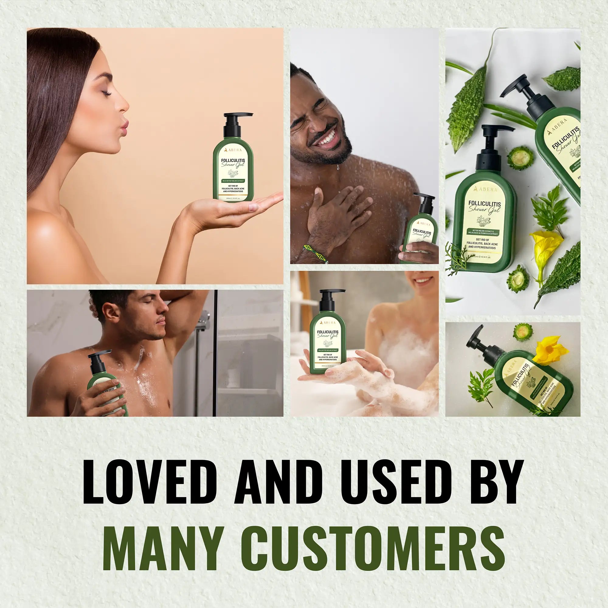 Customer lifestyle collage featuring men and women using ABERA Folliculitis Shower Gel for their daily body care routine.