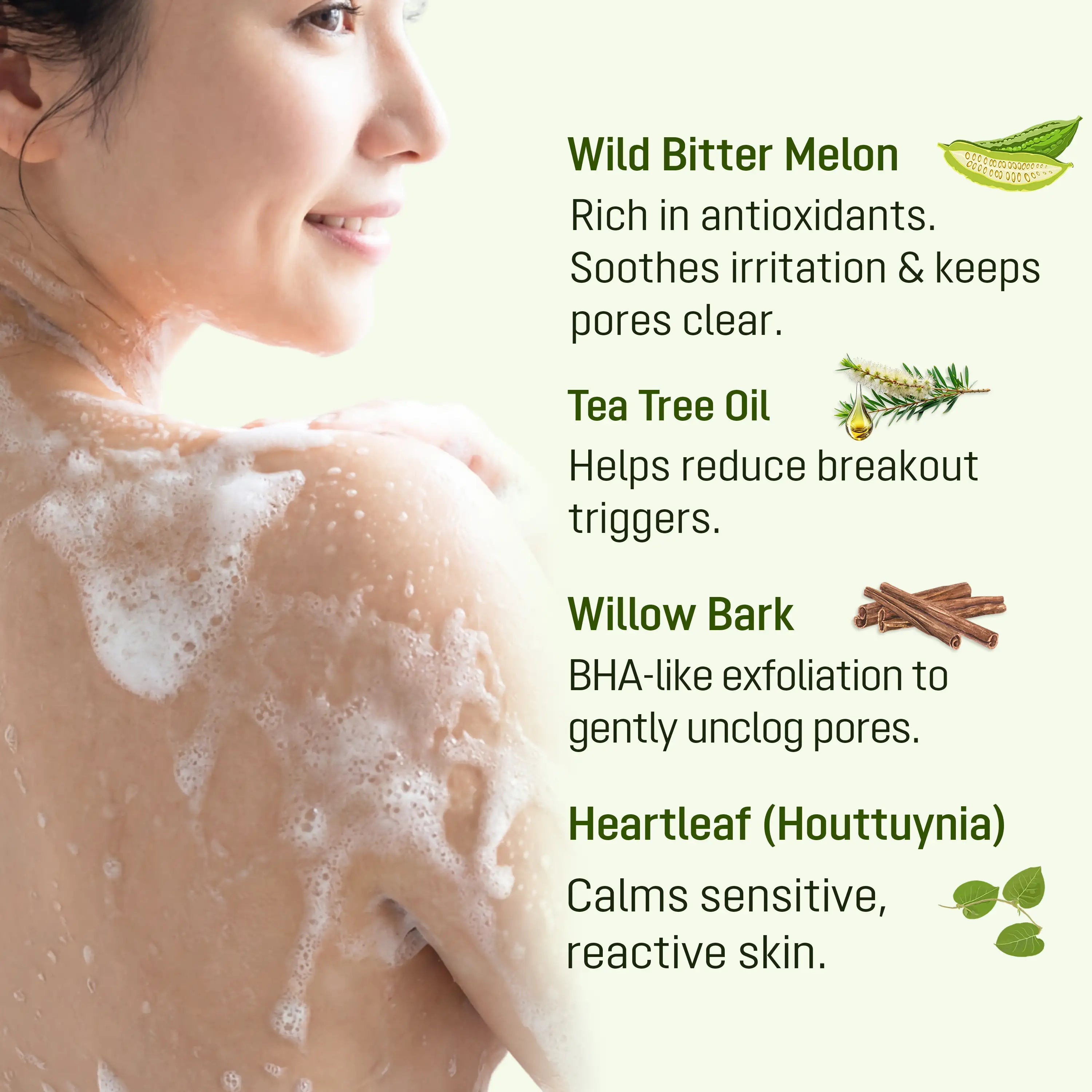 Woman using ABERA Folliculitis Shower Gel with wild bitter melon, tea tree oil, willow bark and heartleaf ingredients.