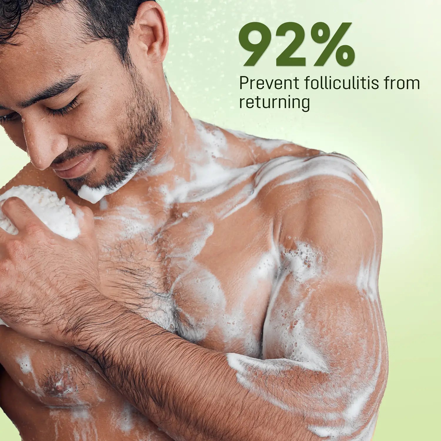 Man applying ABERA Folliculitis Shower Gel to his chest and shoulder with a 92 percent recurring folliculitis prevention claim.