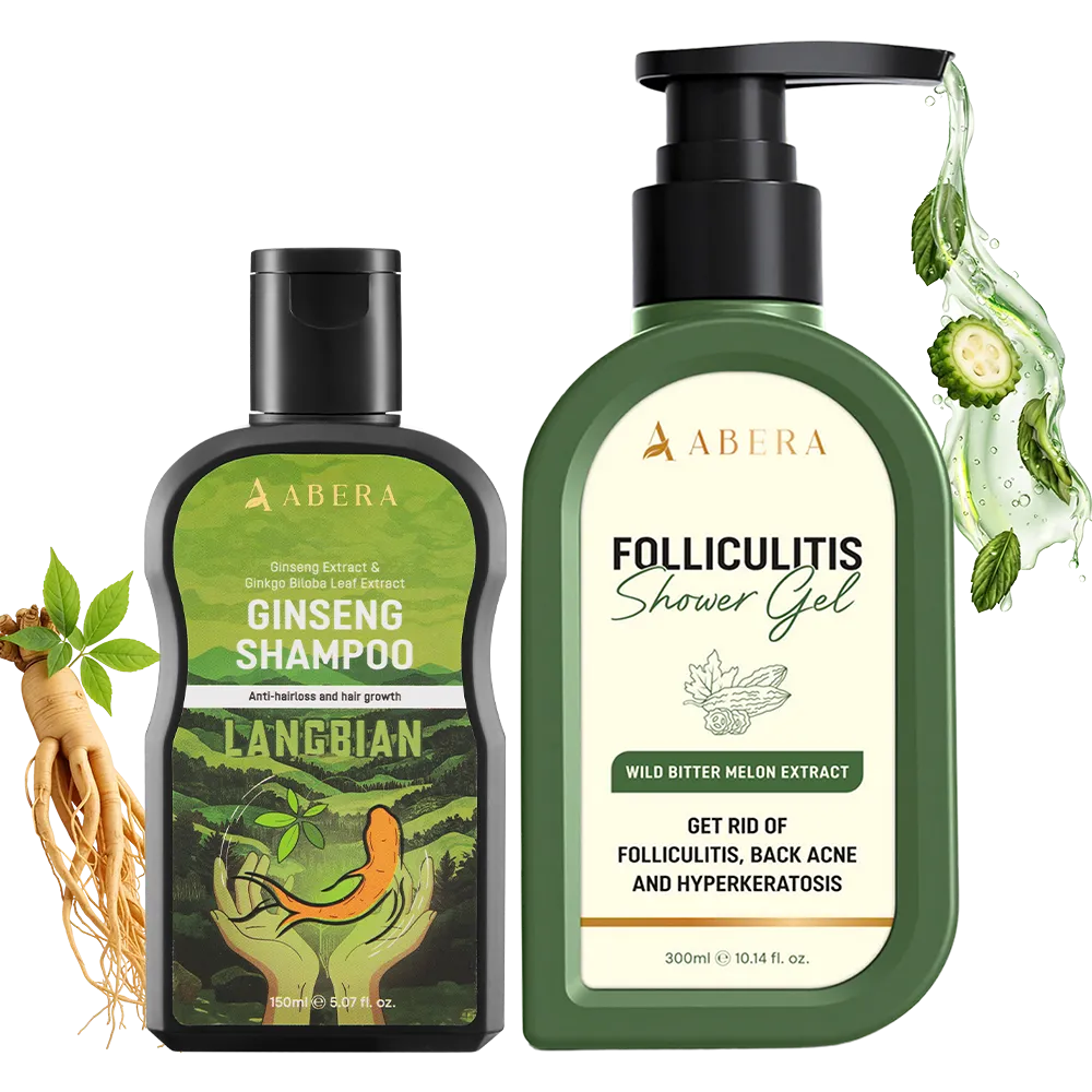 ABERA head-to-body shower duo with Ginseng Shampoo for scalp care and Folliculitis Shower Gel for body acne and bumpy skin.