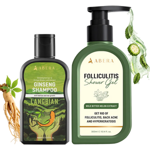 ABERA head-to-body shower duo with Ginseng Shampoo for scalp care and Folliculitis Shower Gel for body acne and bumpy skin.
