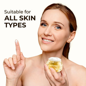 Woman holding a jar of skincare product with text 'Suitable for all skin types' on a white background